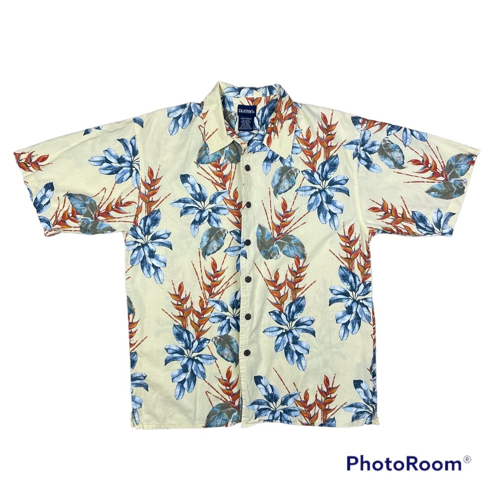 Puritan Men Sz Med Hawaiian Yellow Floral Cotton Button-Down Short Sleeve Shirt